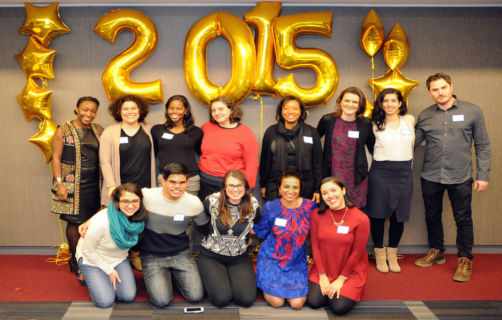 Back_L-R_Nadine, XXX, XXX, Tasia, XXX, XXX, XXX, Michael. Front_L-R_XXX, Javier, Liz Bhlan, Sarika, Iliana Garcia. CUNY SPH Winter Graduation, January 22, 2016, at Harlem campus of CUNY School of Public Health.