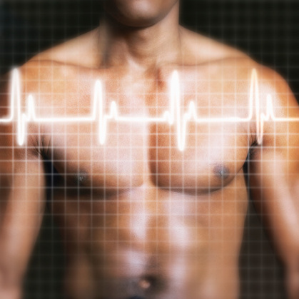 Image of a man's chest with an ECG graph, peaks, and valleys overlaying the picture.