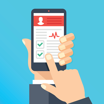 Modern flat design vector illustration of a hand holding a smartphone and the pointer finger of another hand touching screen.
