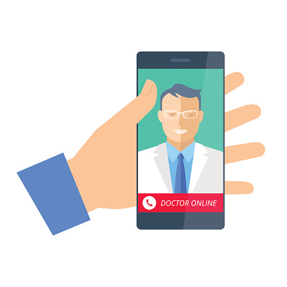 Modern flat design vector illustration of a hand holding a smartphone containing a picture of a man dressed as a doctor on the screen. A phone icon appears along a red banner at the bottom of the screen and the banner reads: Doctor Online.