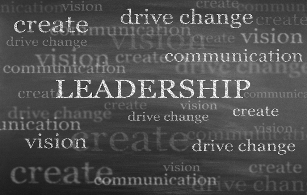 Word cloud graphic including the words create, drive change, vision, and the word LEADERSHIP, presented in capital letters, in the center of the image.