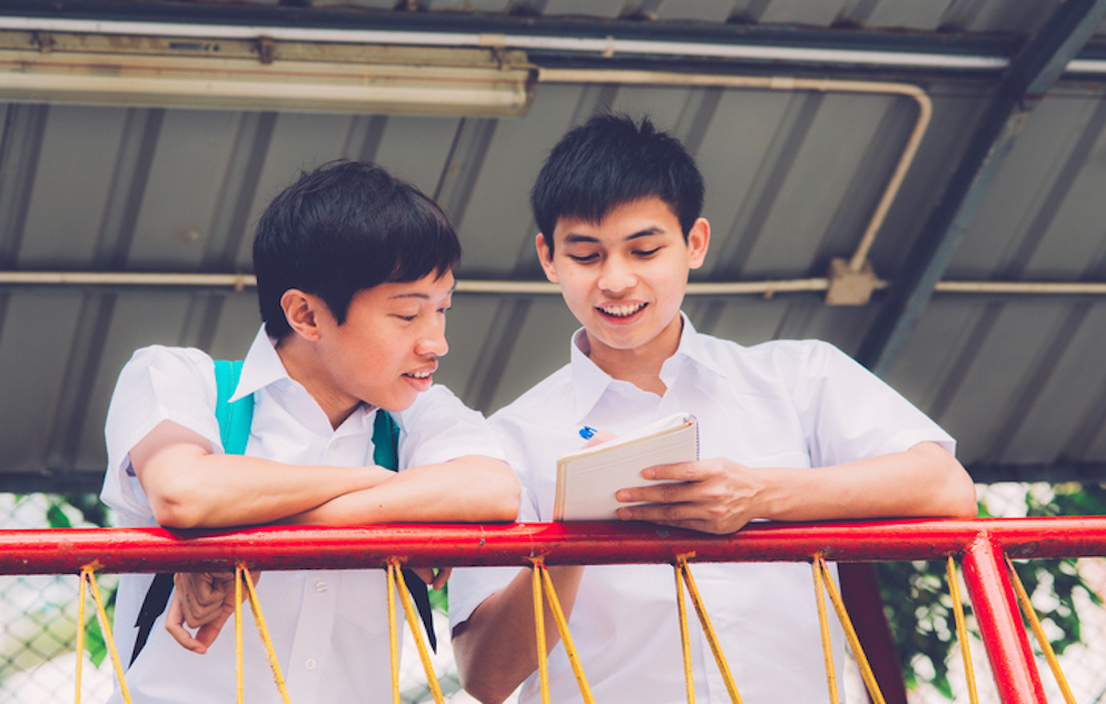 Two happy male Chinese students studying outdoors during break, Hong Kong, China, Asia. Waist up. Nikon D800, full frame, XXXL.