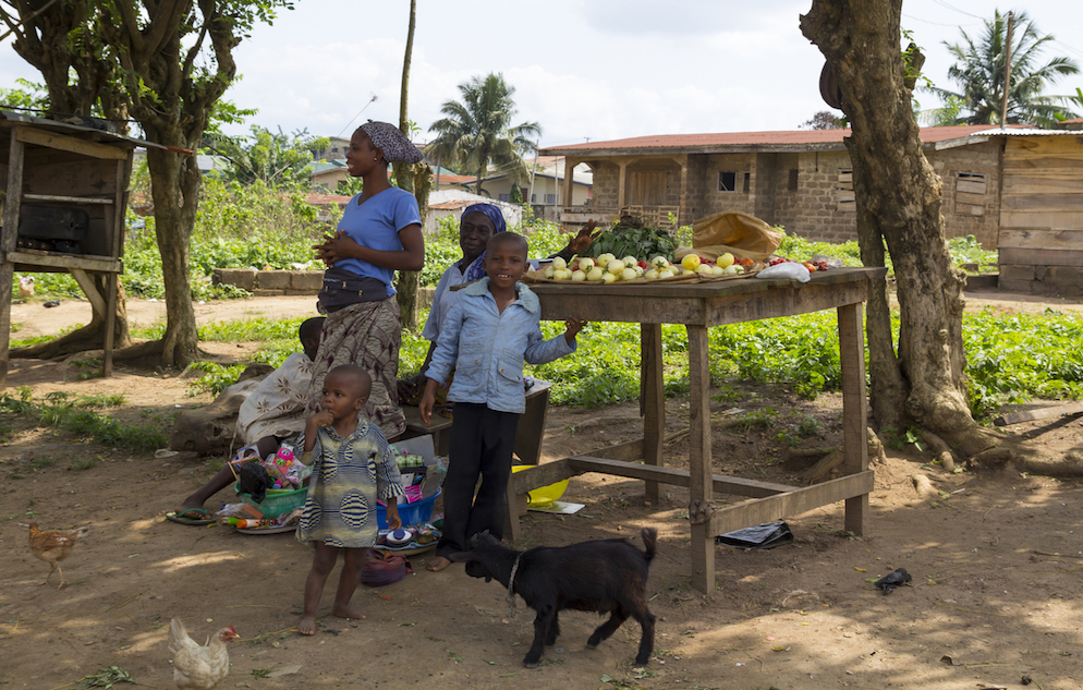The members of a nigerian family from Akure, stand up for a portrait in front of their food in sale, in a local village at Ondo state in Nigeria,