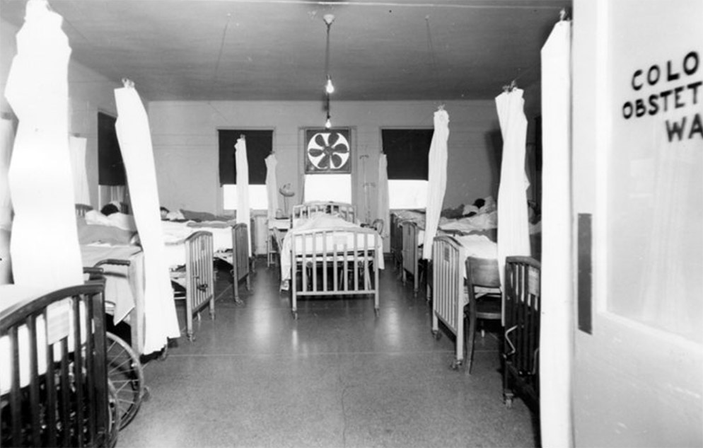 Black and white photo of segregated obstetrics ward at University Hospital in Birmingham, Alabama