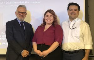 Dean Ayman El-Mohandes, awardee Michelle Finn, and IT Director Mohit Arora