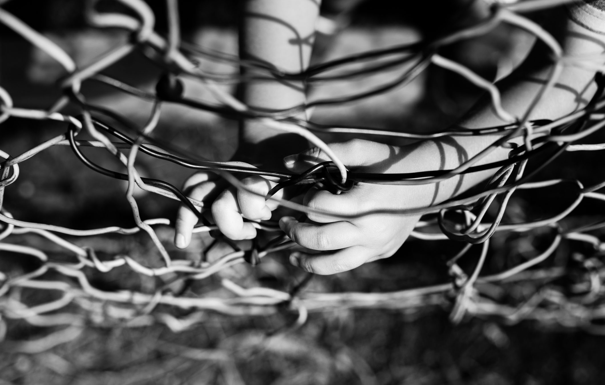 Child's hands holding fence