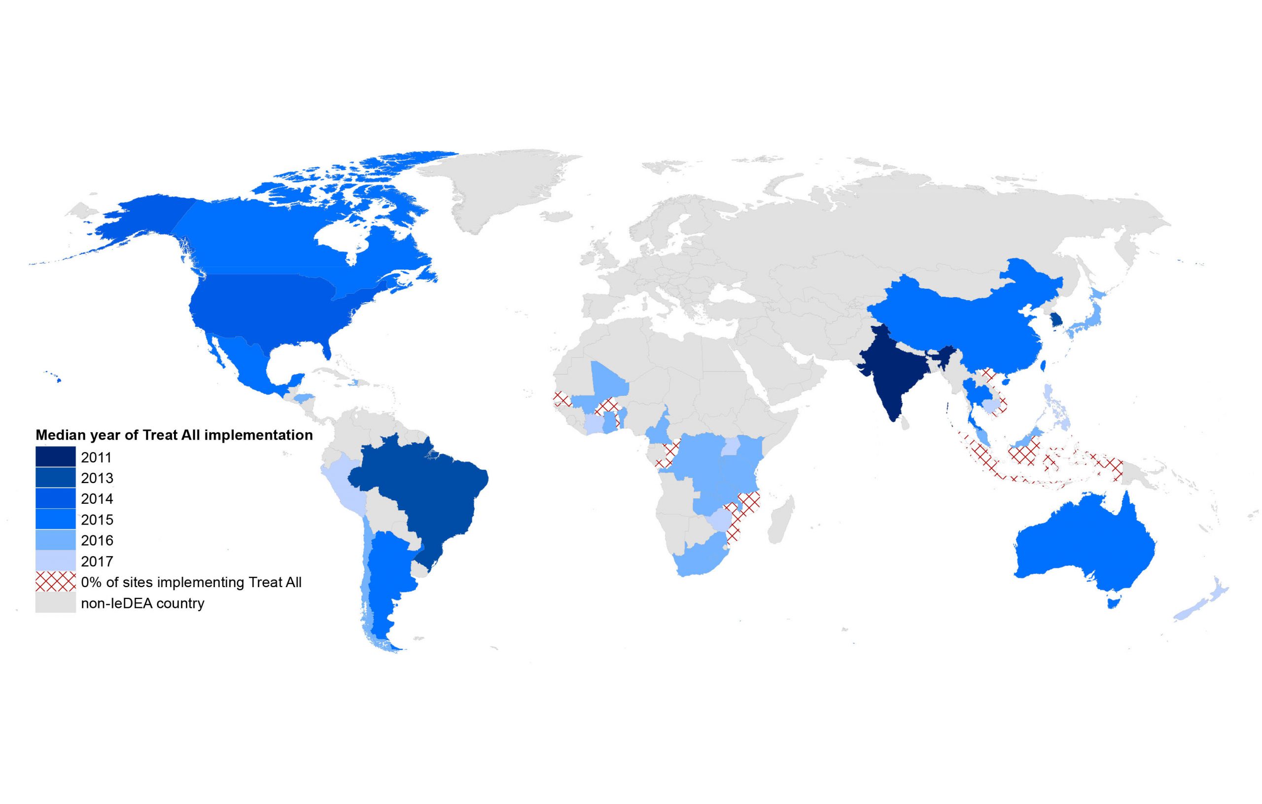 map showing the distribution of Treat All implementation