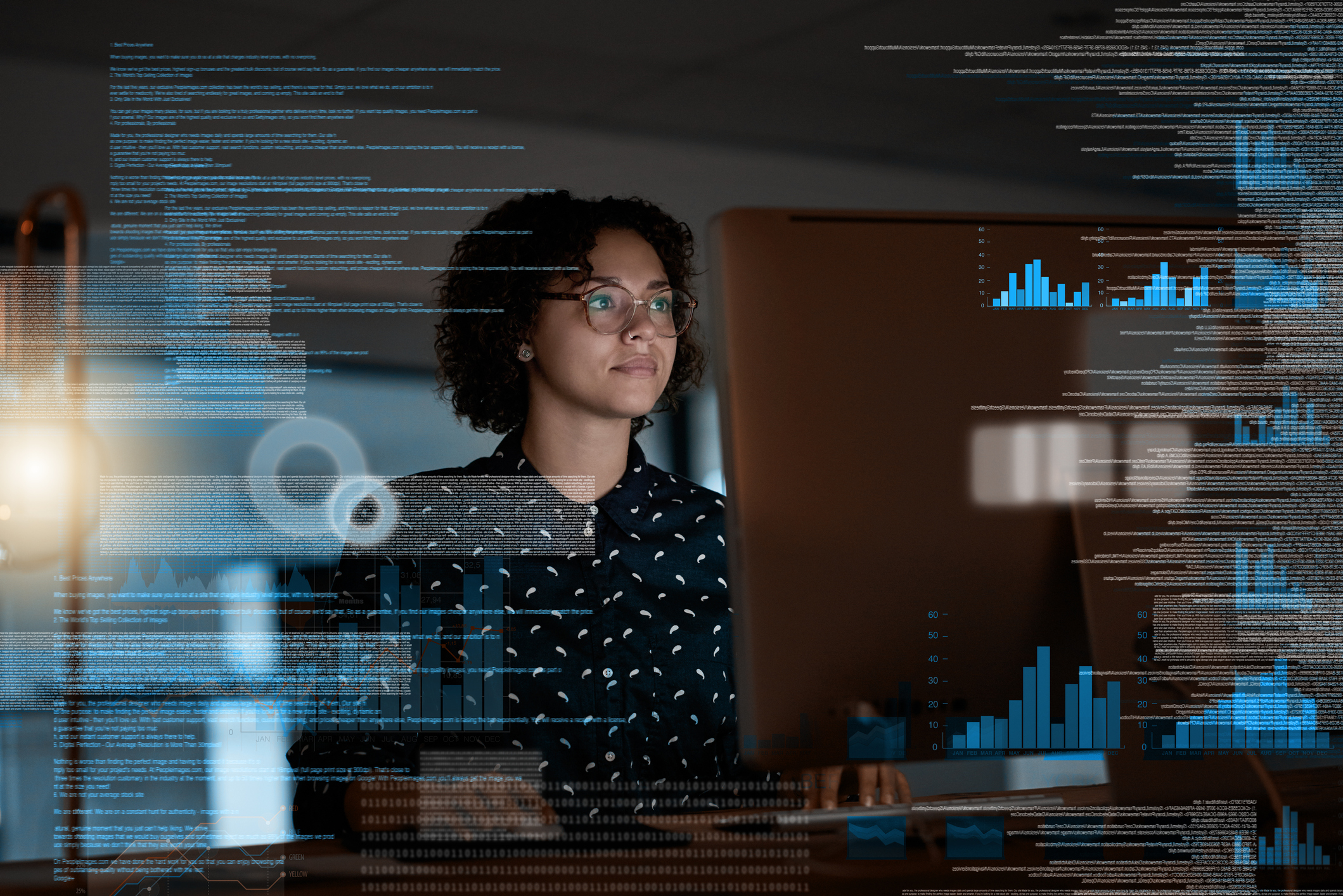woman analyzing data code on computer screen