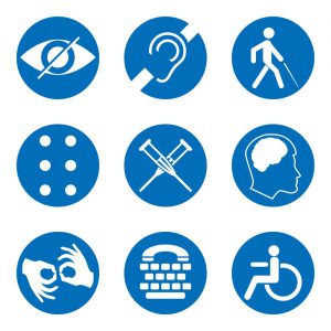 Nine accessibility icons, dark blue on white that include an image indicating blind or low vision and ASL interpretation, for example.