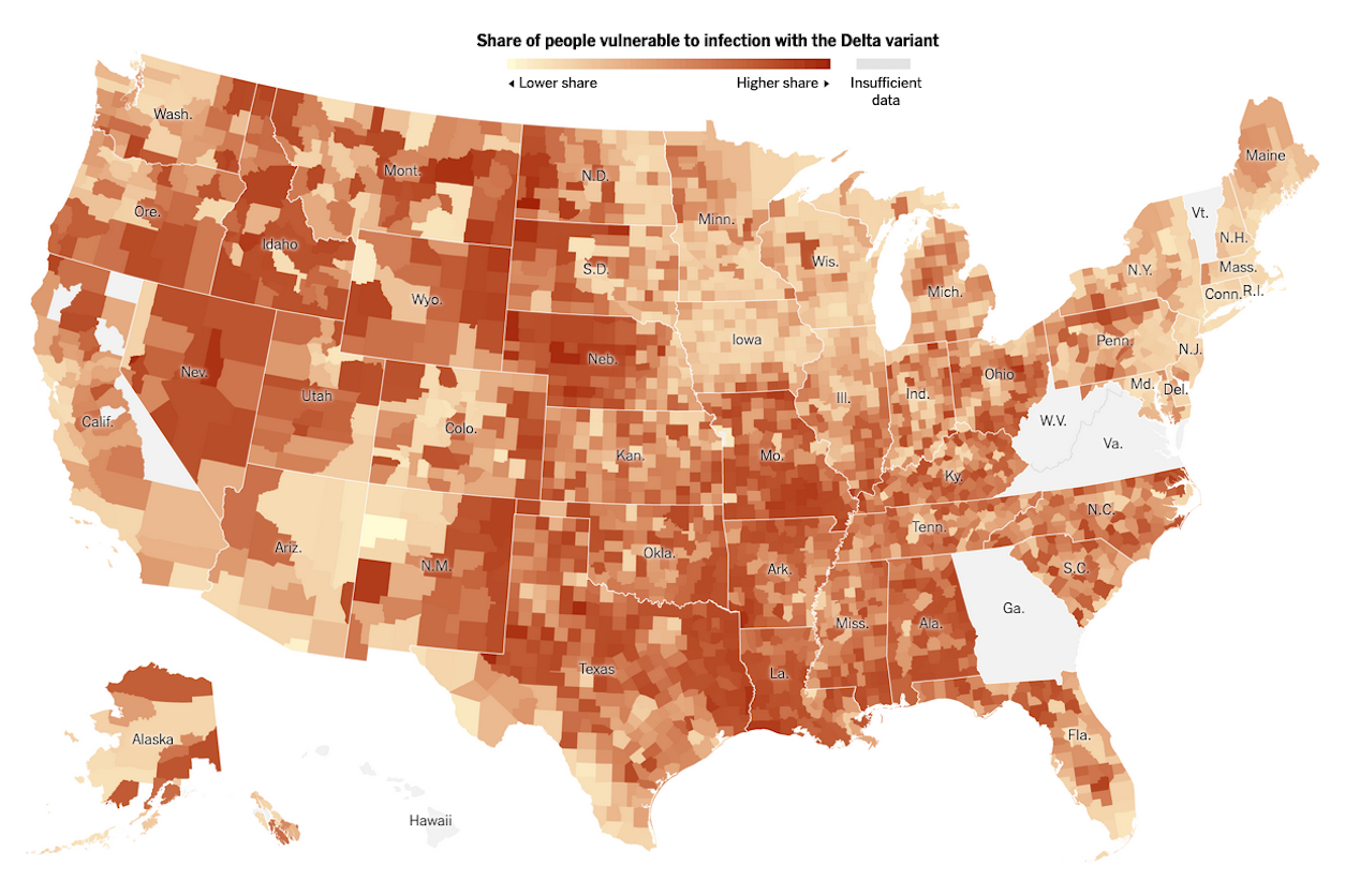 NYT graphic of population shares vulnerable to delta