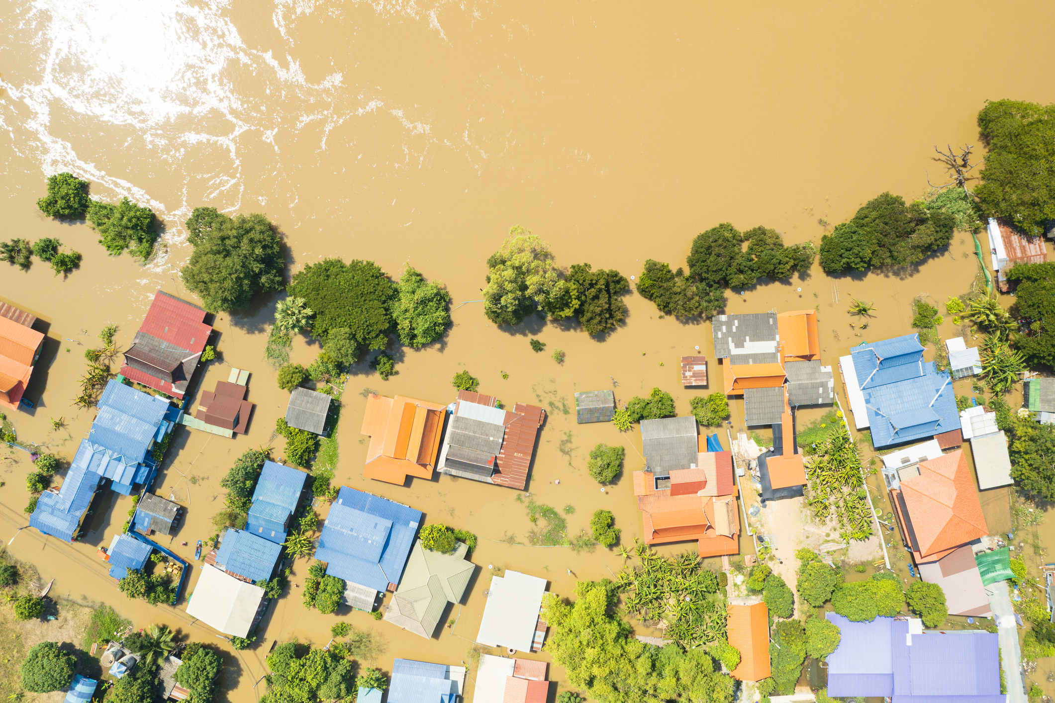 Aerial View natural disaster and flooding in Thailand.