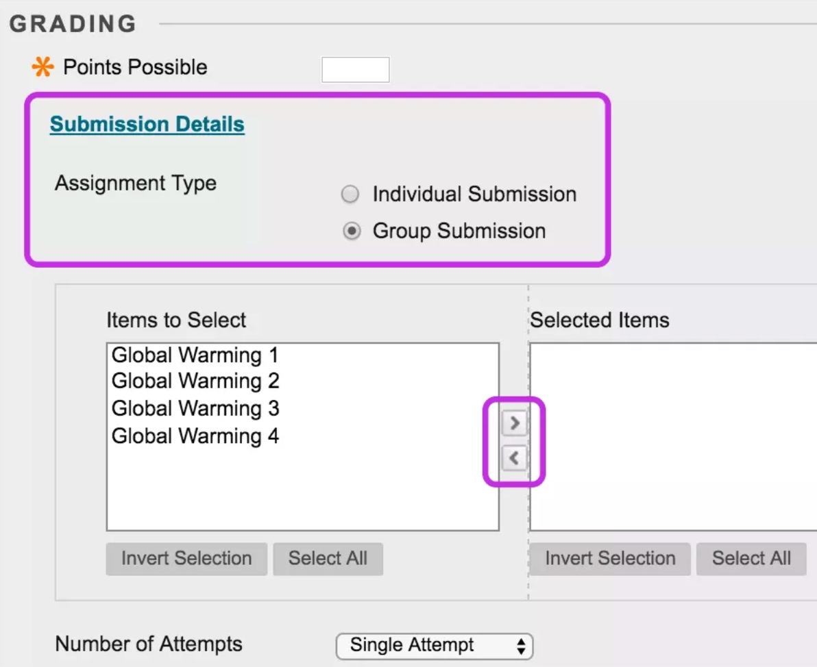 Submission details- group submission use arrows to move from items to select, to selected items column