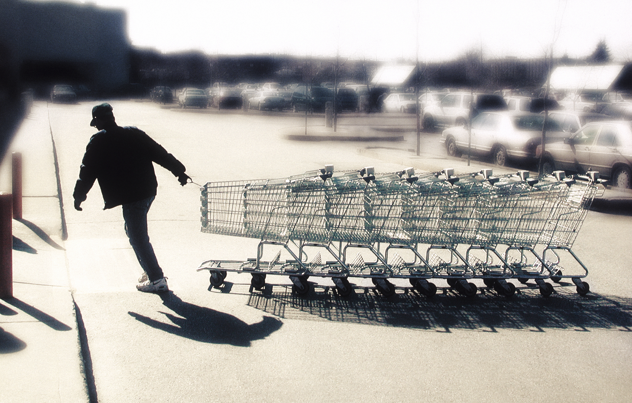 man gathering shopping carts in supermarket parking lot