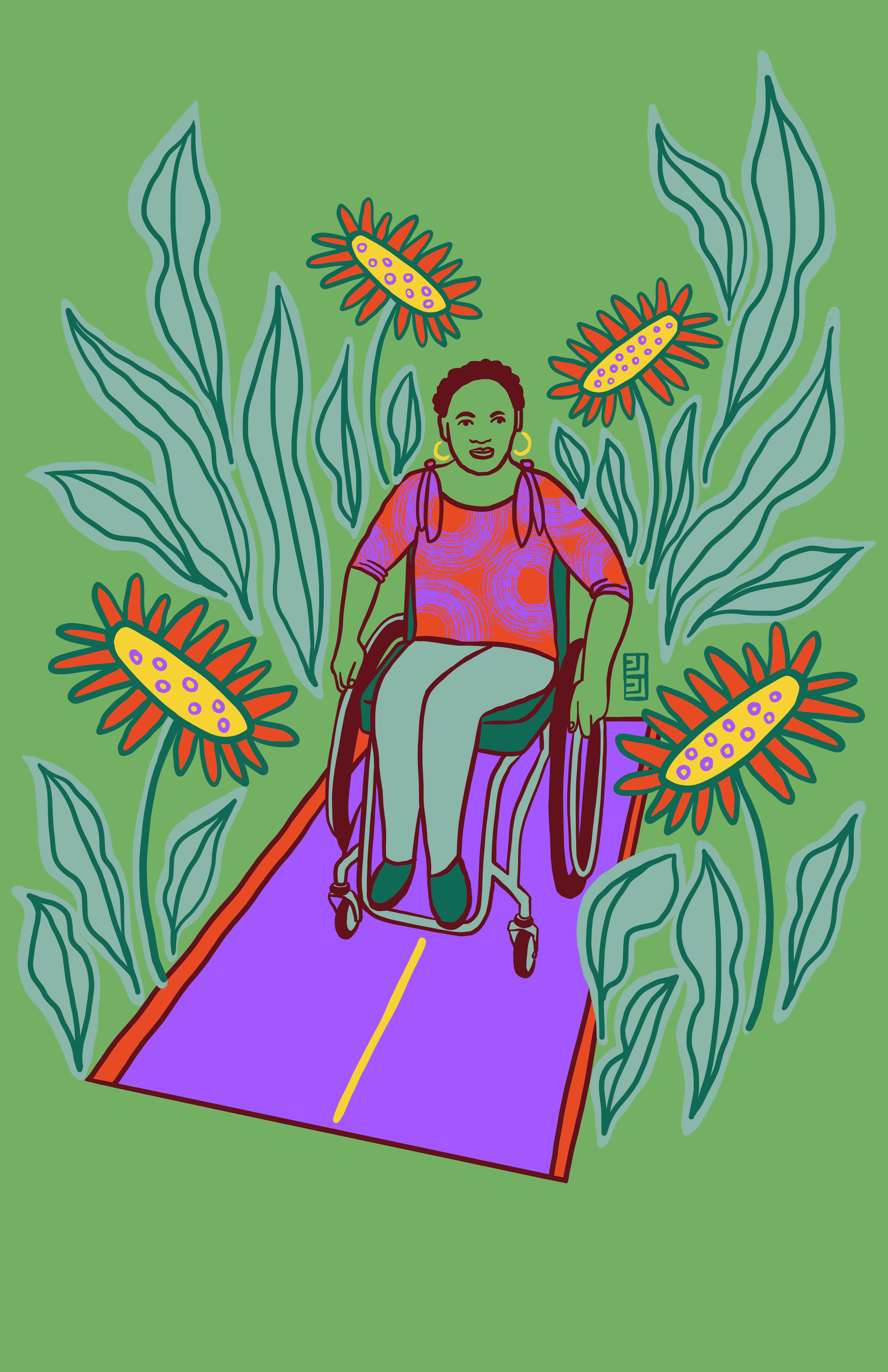 Illustration of person in a wheelchair in a field of sunflowers.