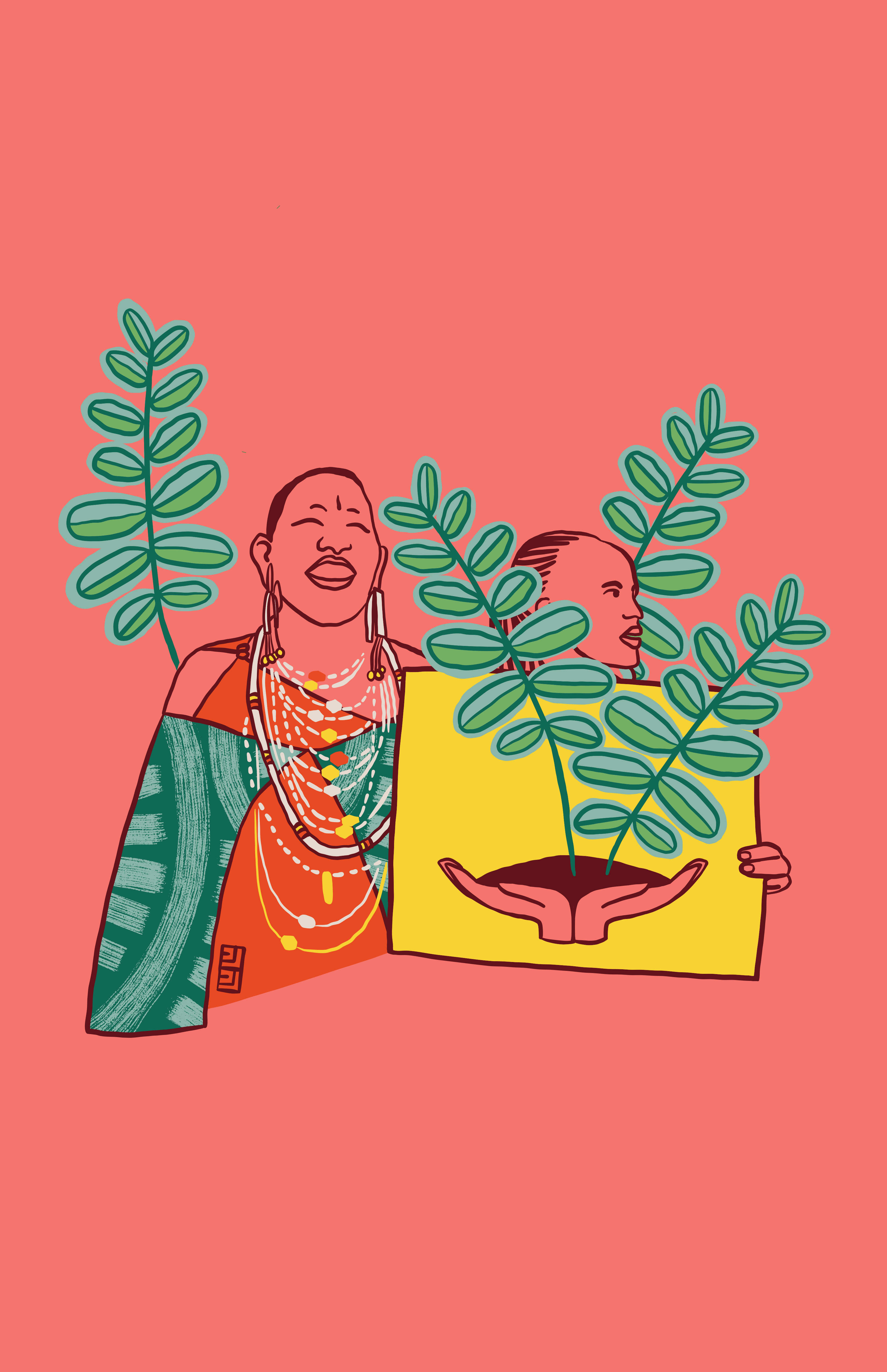 Colorful illustration of two people. One wears an African ankara fabric.