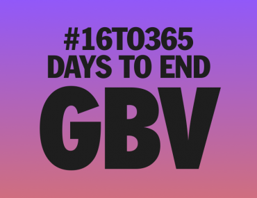 A pink and purple graphic with black type that says 16 to 365 days to end gender based violence.