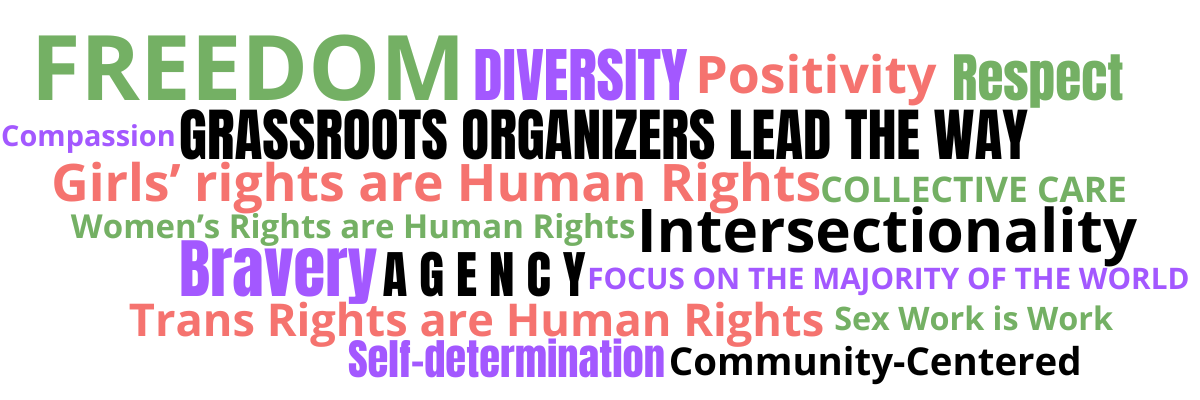 Colorful word cloud with the words freedom, diversity, impact, agency, and similar.