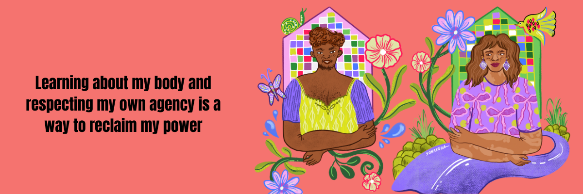 Colorful illustration of two women of color in bright clothing with flowers in the background.