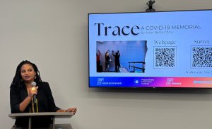 "Trace" artist Nyssa Chow speaks at the event
