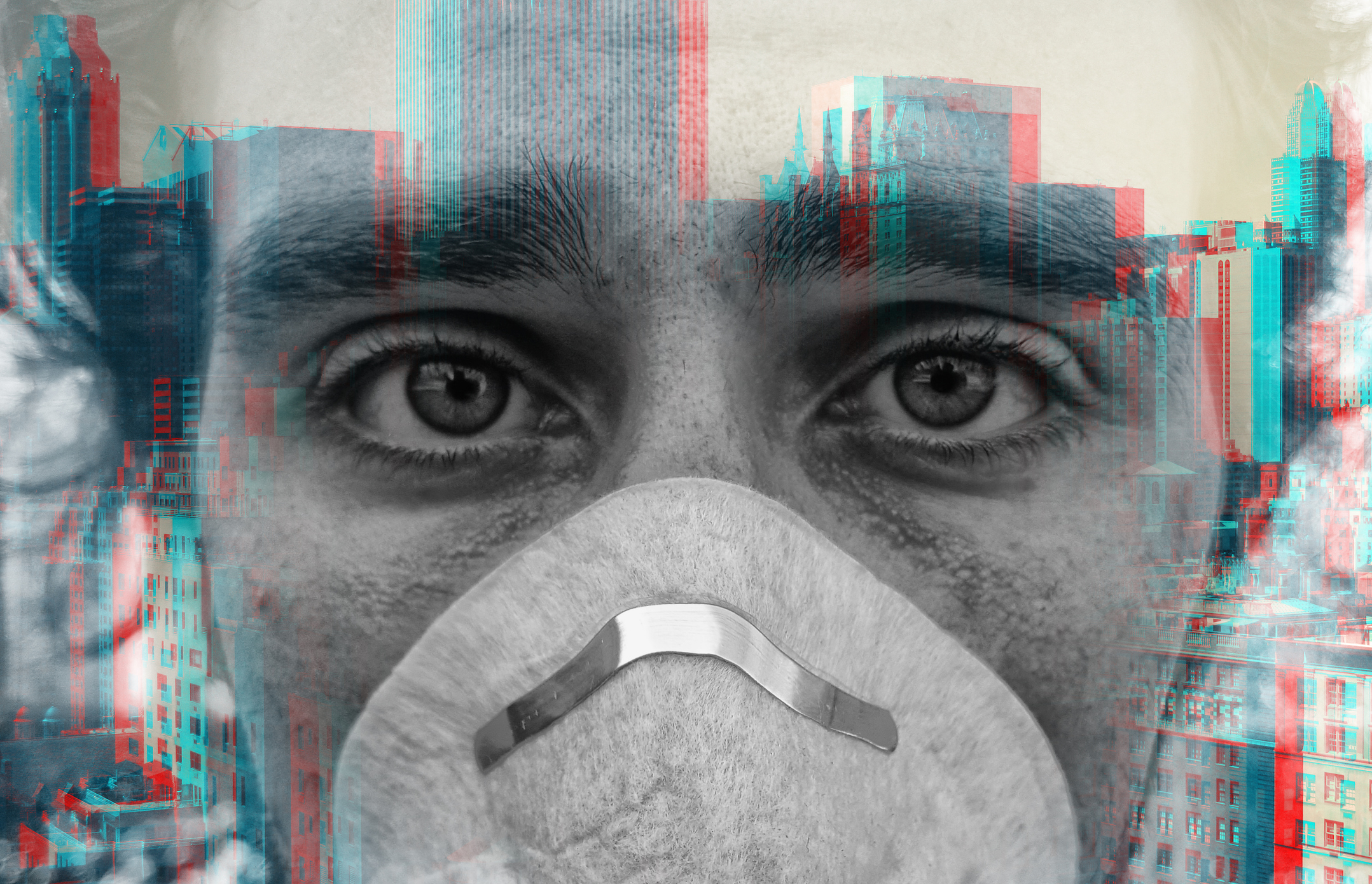 graphic face with mask and skyline