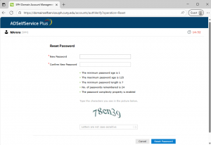 Screenshot of DomainSelfService - Type in a new password and confirm