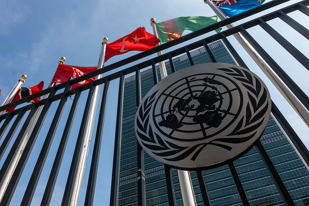 UN seal and building with flags