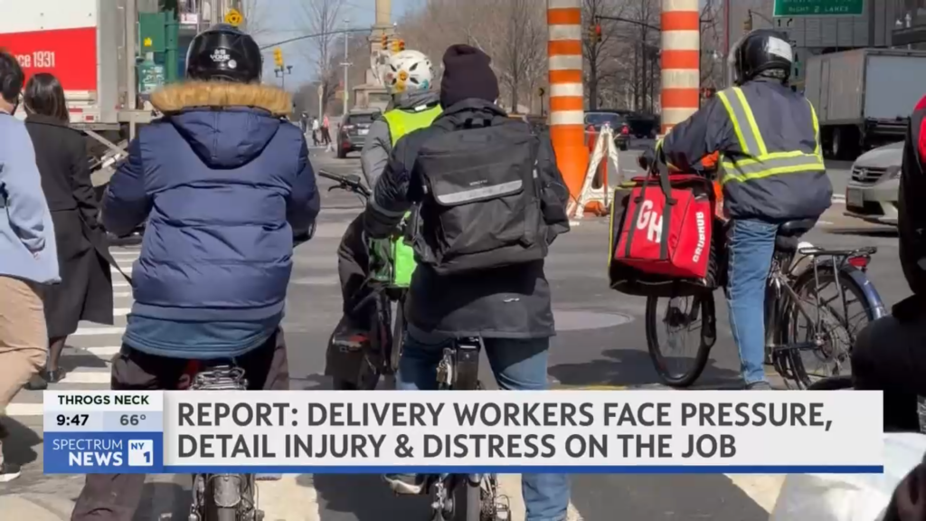 Screenshot of NY1 report on delivery workers